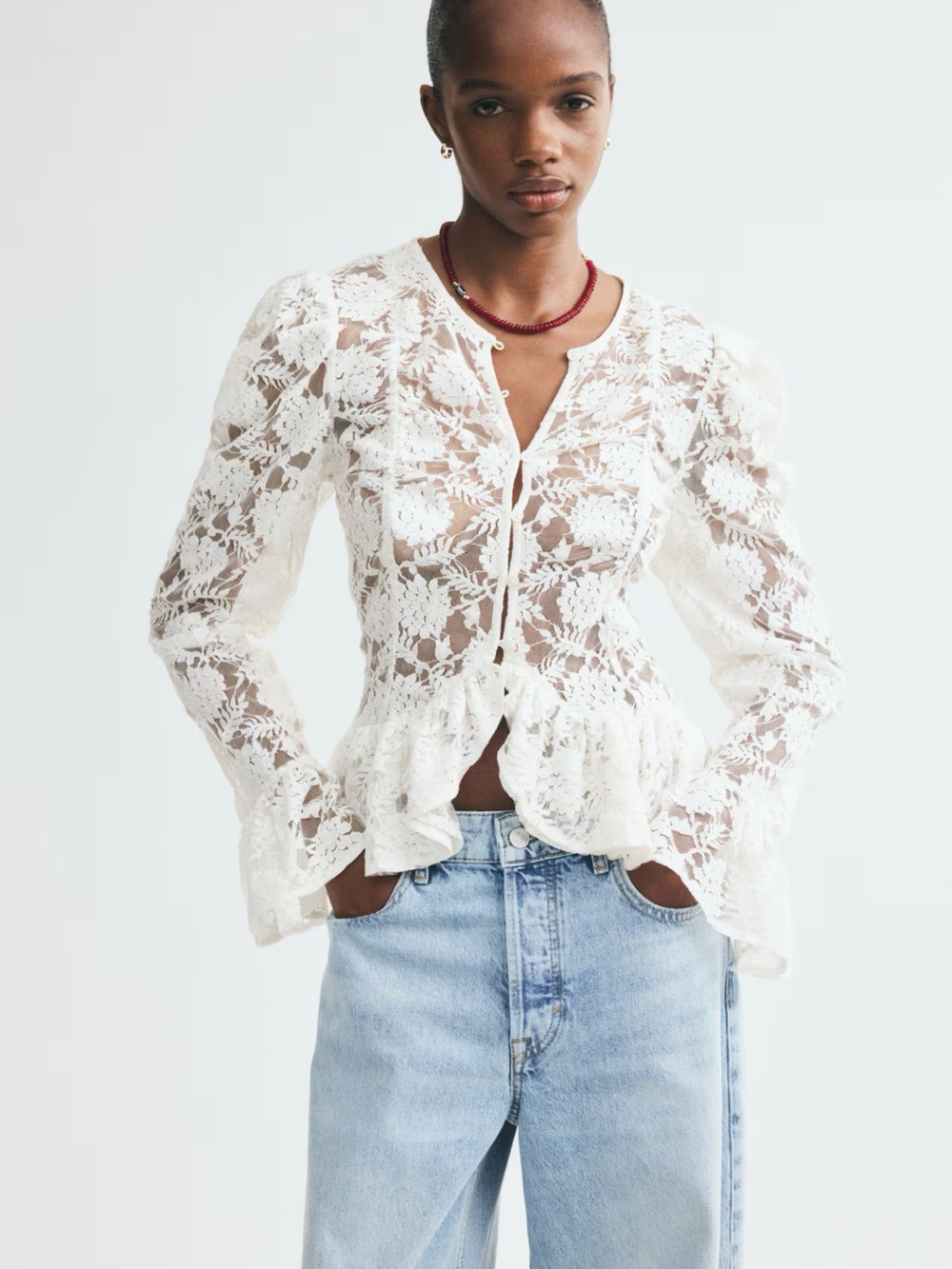 H&M White Lace Peplum Button-Up Blouse